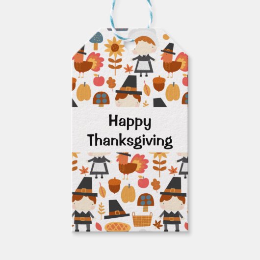 Happy Thanksgiving Pilgrims Harvest Pattern Cadeaulabel (Voorkant)