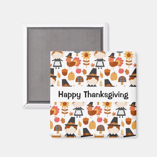 Happy Thanksgiving Pilgrims Harvest Pattern Magneet (Voorkant / Achterkant)