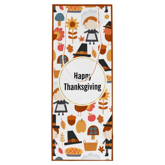 Happy Thanksgiving Pilgrims Harvest Pattern Wijn Cadeautas (Achterkant)