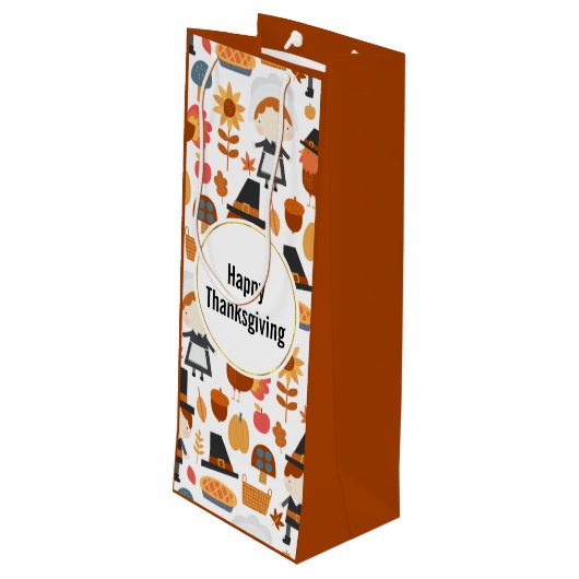 Happy Thanksgiving Pilgrims Harvest Pattern Wijn Cadeautas (Achterkant Gekanteld)