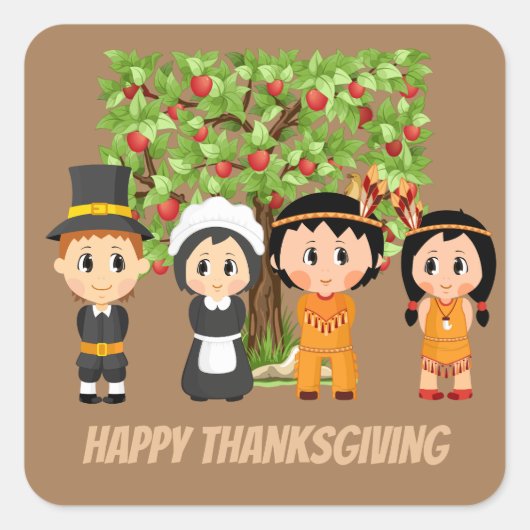 Happy Thanksgiving Pilgrims Indiërs Vierkante Sticker (Voorkant)