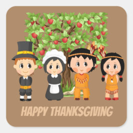 Happy Thanksgiving Pilgrims Indiërs Vierkante Sticker