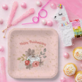 Happy Thanksgiving Pink Pumpkins and Flowers Papieren Bordje (Feest)