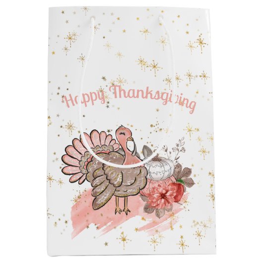 Happy Thanksgiving Pink Turkey and Pumpkins Medium Cadeauzakje (Voorkant)