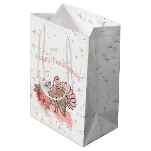Happy Thanksgiving Pink Turkey and Pumpkins Medium Cadeauzakje (Achterkant Gekanteld)