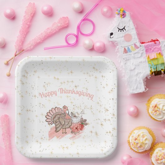 Happy Thanksgiving Pink Turkey and Pumpkins Papieren Bordje (Feest)