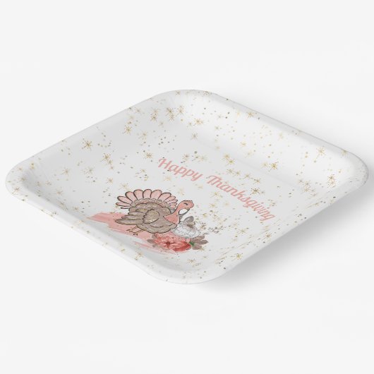 Happy Thanksgiving Pink Turkey and Pumpkins Papieren Bordje (Gebogen)