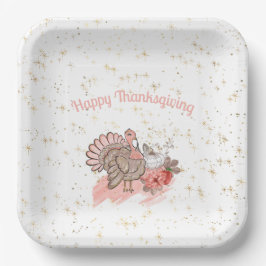 Happy Thanksgiving Pink Turkey and Pumpkins Papieren Bordje