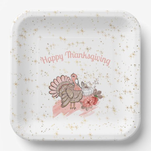 Happy Thanksgiving Pink Turkey and Pumpkins Papieren Bordje (Voorkant)