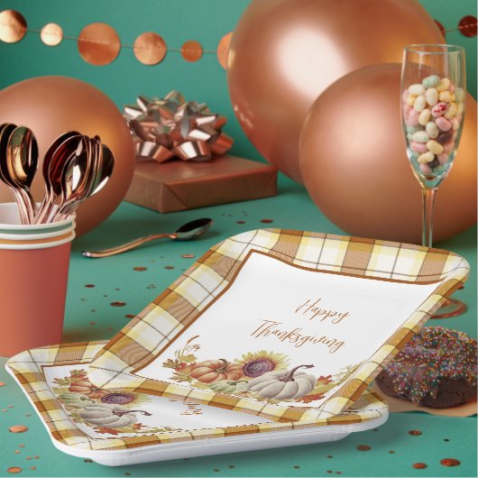 Happy Thanksgiving plaid en pompoenen Borden Papieren Bordje (Multi)