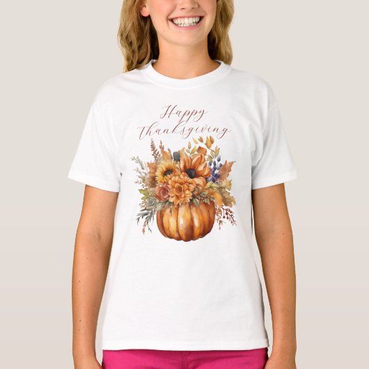 Happy Thanksgiving-pompoen en bloemen- T-shirt (Voorkant)