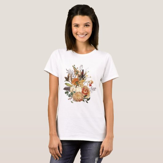 Happy Thanksgiving, pompoen en rozen bloemen bouqu T-shirt (Voorkant volledig)