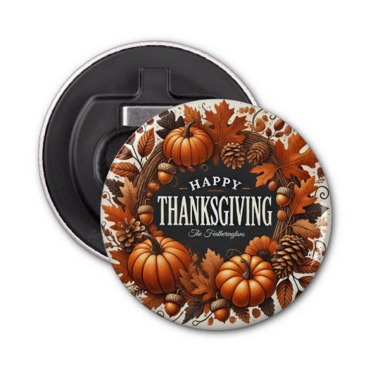 Happy Thanksgiving pompoen herfst bladeren krans Button Flesopener (Voorkant)
