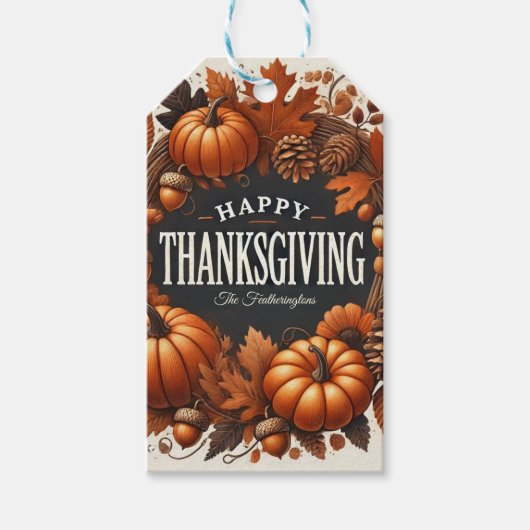 Happy Thanksgiving pompoen herfst bladeren krans Cadeaulabel (Voorkant)