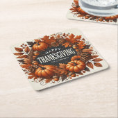 Happy Thanksgiving pompoen herfst bladeren krans Kartonnen Onderzetters (Schuin)