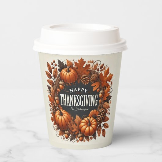Happy Thanksgiving pompoen herfst bladeren krans Papieren Bekers (Voorkant)