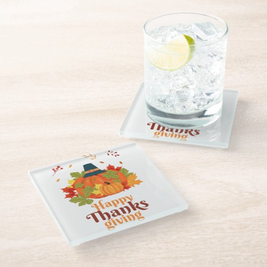 Happy Thanksgiving-pompoen met Petten en bladeren Glazen Onderzetter (Schuin)