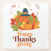 Happy Thanksgiving-pompoen met Petten en bladeren Glazen Onderzetter (Voorkant)