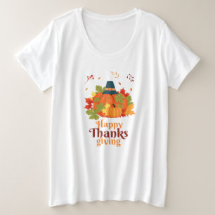 Happy Thanksgiving-pompoen met Petten en bladeren Grote Maat T-shirt