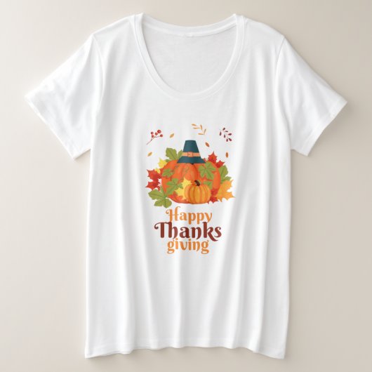Happy Thanksgiving-pompoen met Petten en bladeren Grote Maat T-shirt (Design voorkant)