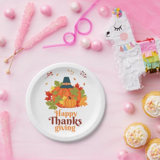 Happy Thanksgiving-pompoen met Petten en bladeren Papieren Bordje (Feest)