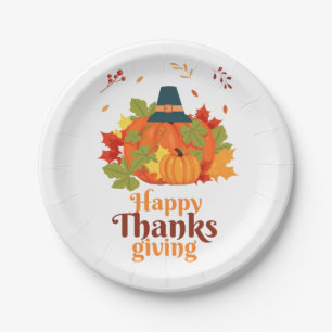 Happy Thanksgiving-pompoen met Petten en bladeren Papieren Bordje