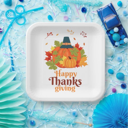Happy Thanksgiving-pompoen met Petten en bladeren  Papieren Bordje (Feest)
