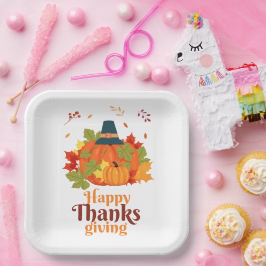Happy Thanksgiving-pompoen met Petten en bladeren  Papieren Bordje (Feest)