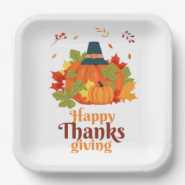 Happy Thanksgiving-pompoen met Petten en bladeren  Papieren Bordje