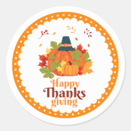 Happy Thanksgiving-pompoen met Petten en bladeren Ronde Sticker