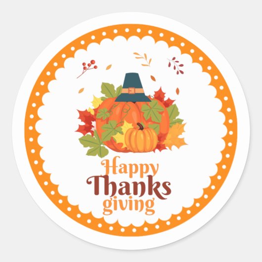 Happy Thanksgiving-pompoen met Petten en bladeren Ronde Sticker (Voorkant)