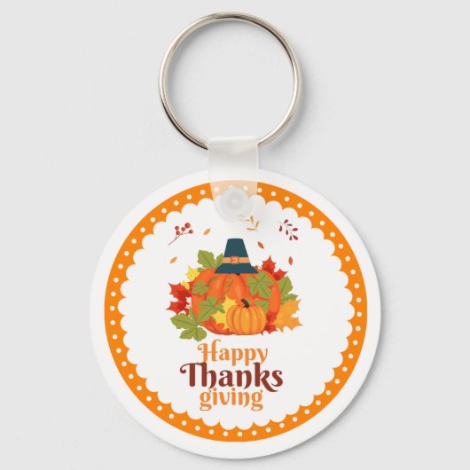 Happy Thanksgiving-pompoen met Petten en bladeren Sleutelhanger (Voorkant)