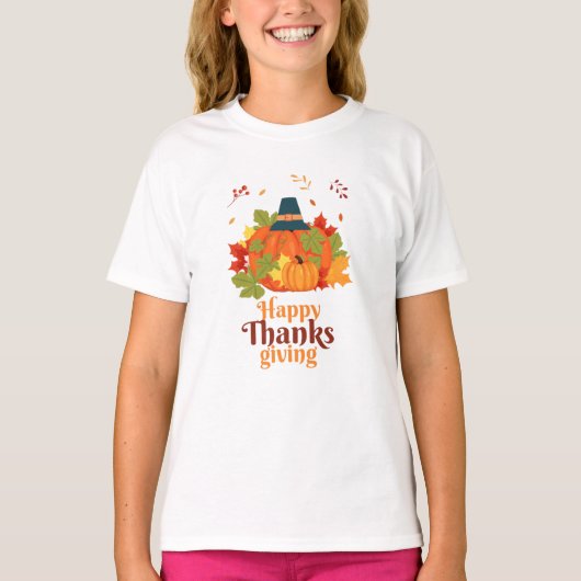 Happy Thanksgiving-pompoen met Petten en bladeren T-shirt (Voorkant)