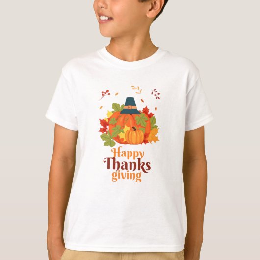 Happy Thanksgiving-pompoen met Petten en bladeren T-shirt (Voorkant)