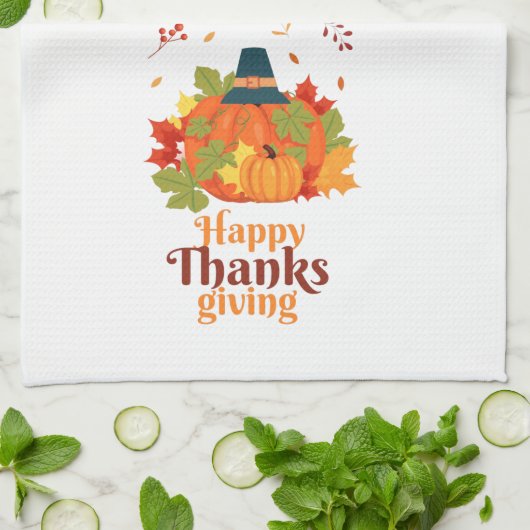 Happy Thanksgiving-pompoen met Petten en bladeren Theedoek (Gevouwen)