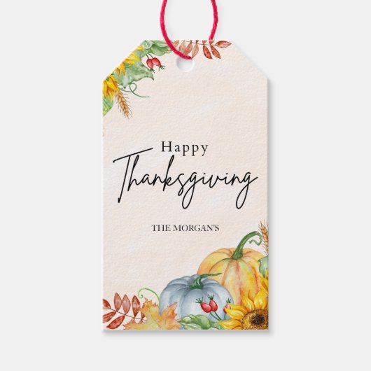 Happy Thanksgiving Pompoen Zonnebloem Custom Naam Cadeaulabel (Voorkant)