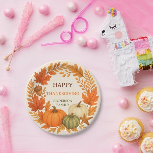 Happy Thanksgiving pompoenen herfst gebladerte bei Papieren Bordje (Feest)