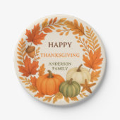 Happy Thanksgiving pompoenen herfst gebladerte bei Papieren Bordje (Voorkant)