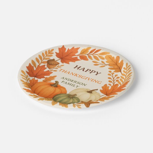 Happy Thanksgiving pompoenen herfst gebladerte bei Papieren Bordje (Gekanteld)