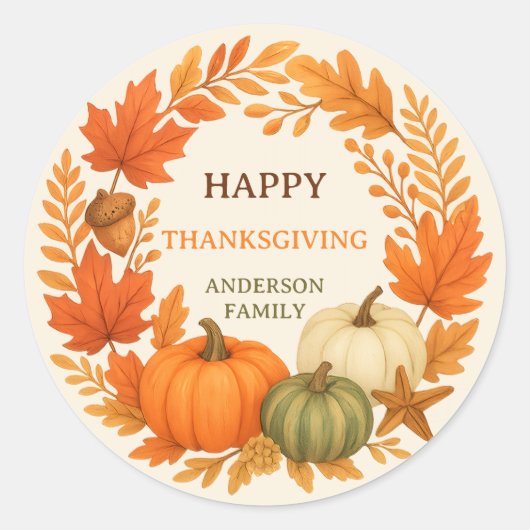 Happy Thanksgiving pompoenen herfst gebladerte bei Ronde Sticker (Voorkant)