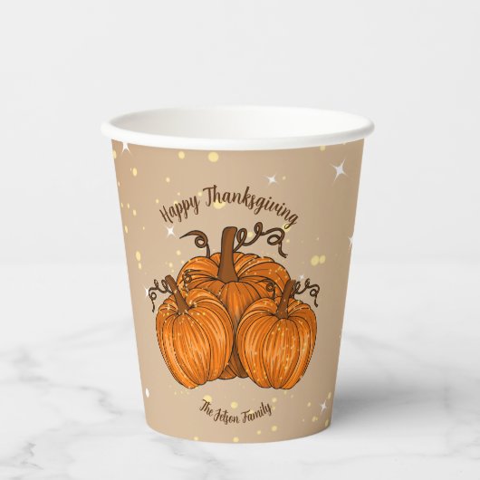Happy Thanksgiving Pumpkin Glitter Papieren Bekers (Voorkant)