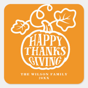 Happy Thanksgiving Pumpkin-Sinaasappel Vierkante Sticker