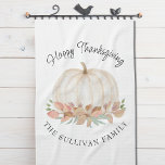 Happy Thanksgiving Pumpkin Theedoek<br><div class="desc">Deze Happy Thanksgiving keukenhanddoek is voorzien van een rustieke waterverf witte pompoen en herfst gebladerte met stijlvolle script typografie. Gemakkelijk aan te passen. Maakt een geweldige Thanksgiving gastvrouw cadeau. Originele Waterverf © Michele Davies.</div>