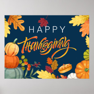 Happy Thanksgiving Pumpkins, Berries en bladeren Poster