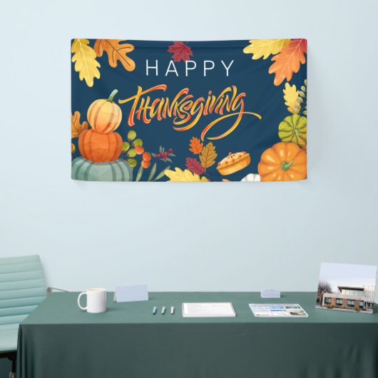 Happy Thanksgiving Pumpkins, Berries en bladeren Spandoek (Beurs)
