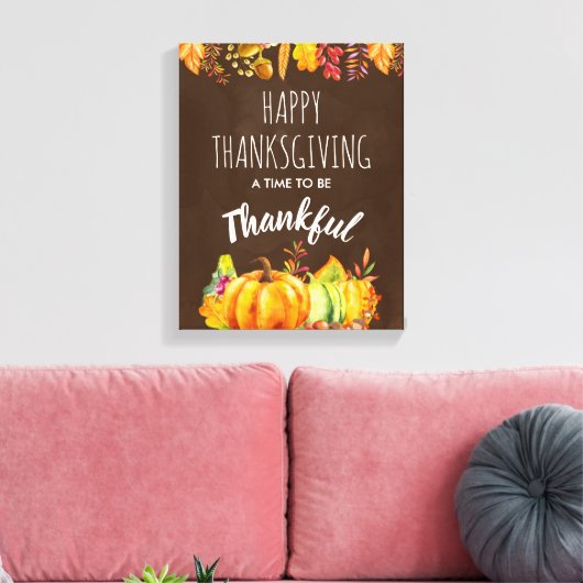 Happy Thanksgiving Pumpkins en Autumn Foliage Canvas Afdruk (Insitu (Woonkamer))