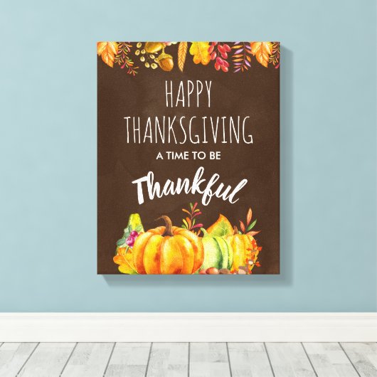 Happy Thanksgiving Pumpkins en Autumn Foliage Canvas Afdruk (Insitu (Houten vloer))