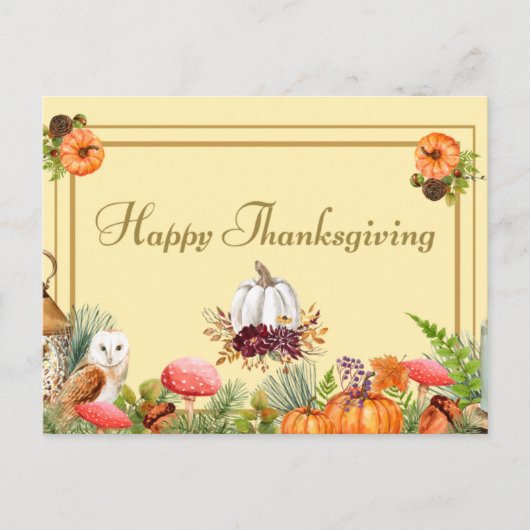 Happy Thanksgiving Pumpkins, Forest Mushrooms, Owl Briefkaart (Voorkant)