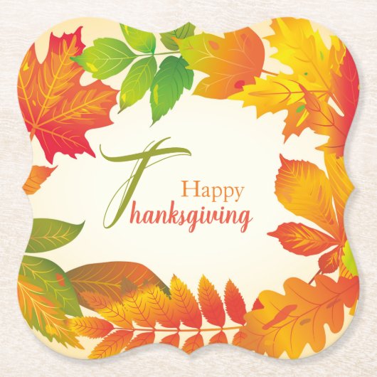 Happy Thanksgiving Quote Oranje Fall Leaves Wreate Kartonnen Onderzetters (Voorkant)