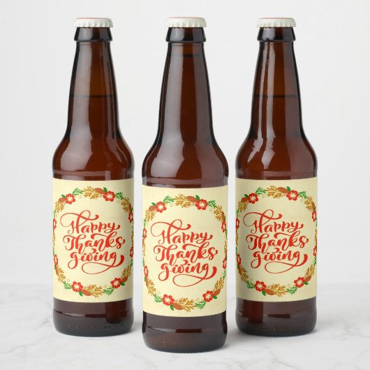 Happy Thanksgiving Red Gold Wreath Bier Etiket (Flessen)